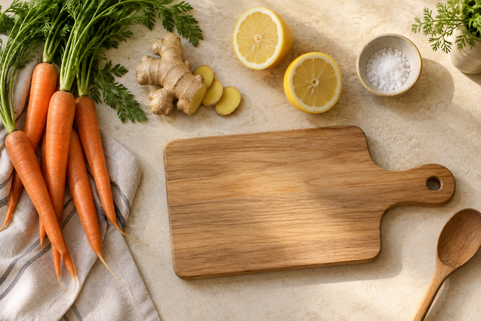 Carrots, ginger, lemon, salt, and a wooden spoon arranged beside a chopping board.